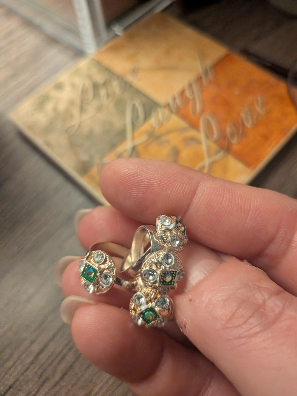 Silver Tone Adjustable Mini Rings (4) with Green, Blue, and Clear Stones Jewelry